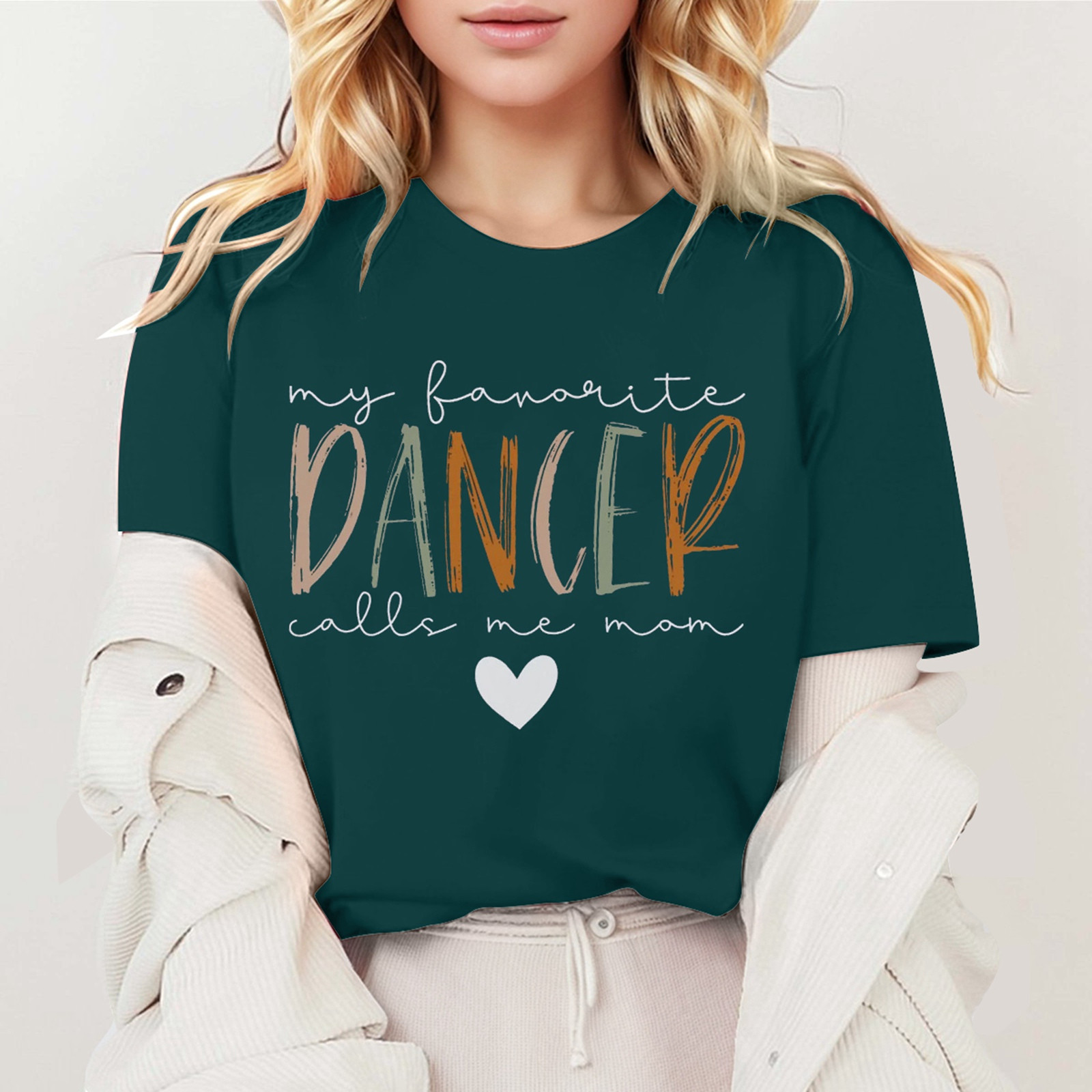 thumbnail image 2 of Camiseta «My Favorite Dancer Call Me Mom» (Mi bailarina favorita, llámame mamá): cuello redondo, estampado a doble cara, versátil para ocasiones informales y fiestas, lavable a máquina, corte favor, 2 of 4